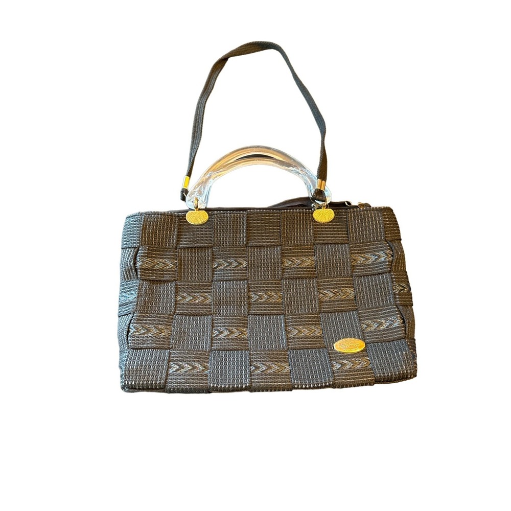 Black Woven Handbag With Clear Acrylic Handle Gold Accents Made‎ In Italy